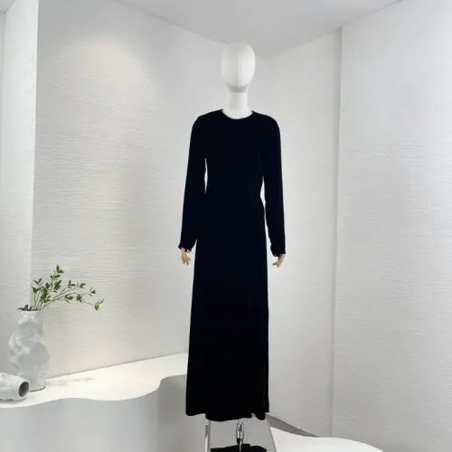 2023-Autumn-Winter-New-High-Quality-Black-Brown-Long-Sleeves-Hollow-Out-Vevelet-Midi-Dress