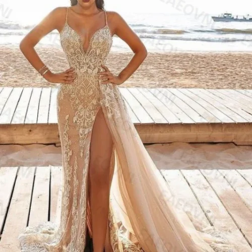 Spaghetti-Straps-Shiny-Evening-Prom-Dress-Deep-V-Neck-High-Low-Split-Slit-Court-Train-Illusion-1